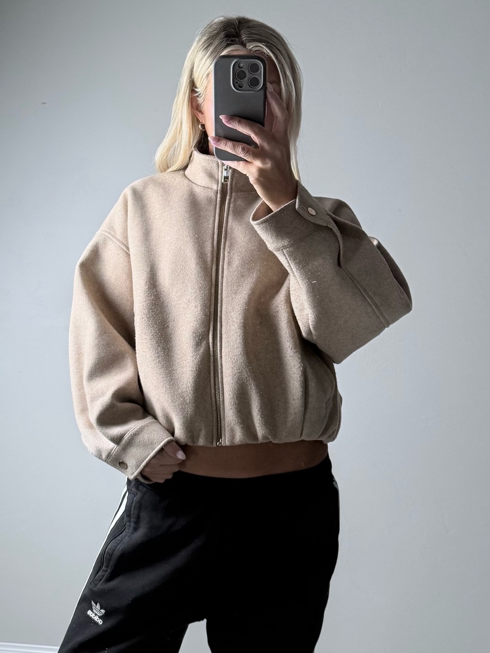 Zara Taupe Cropped Zip Bomber Jacket